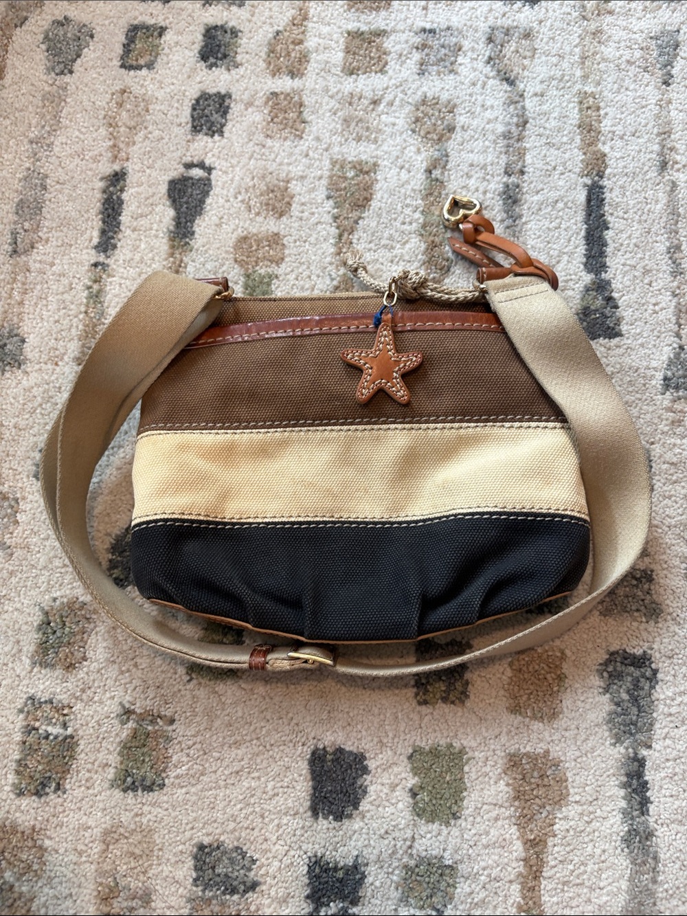 Beachy Brighton Canvas Stripe Crossbody in Brown, Cream & Black with Star Charm